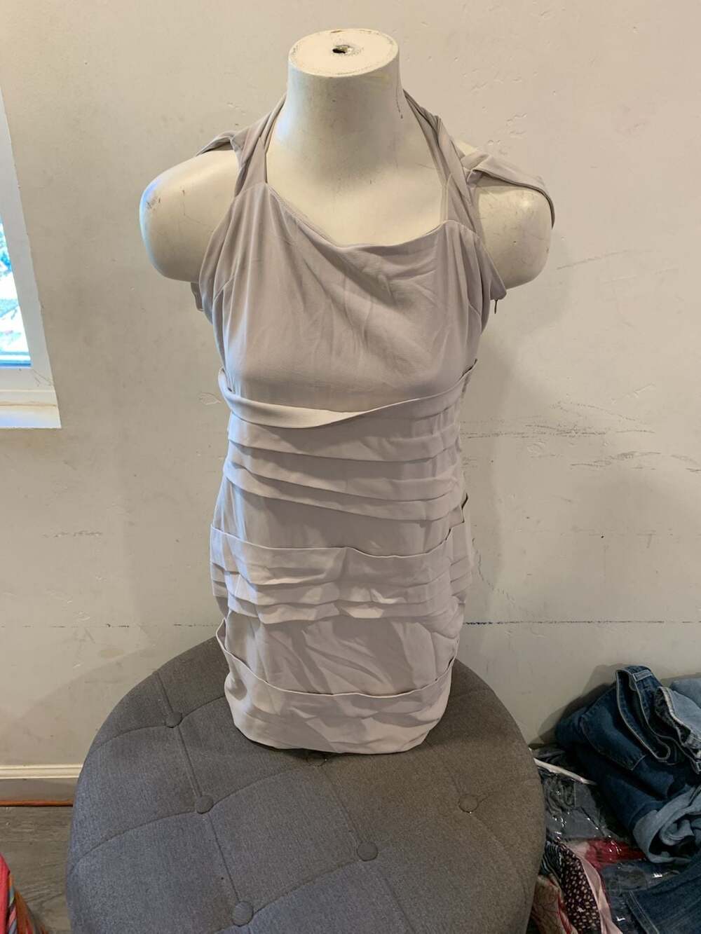 Nikibiki Ruched Halter Dress Size L Beige Sleeveless Mini Bodycon Party